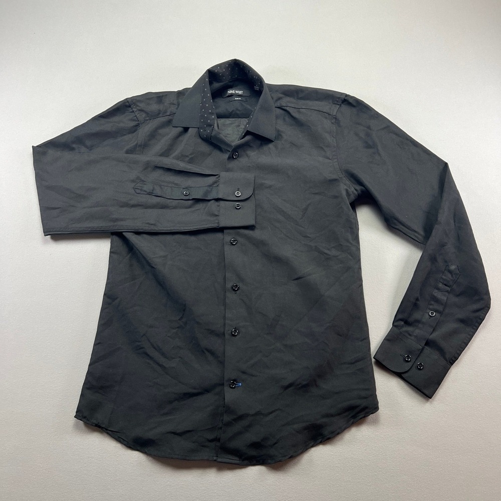 Nine West Dress Shirt Mens 14-14.5 Black Slim Fit Formal Office Wear Business